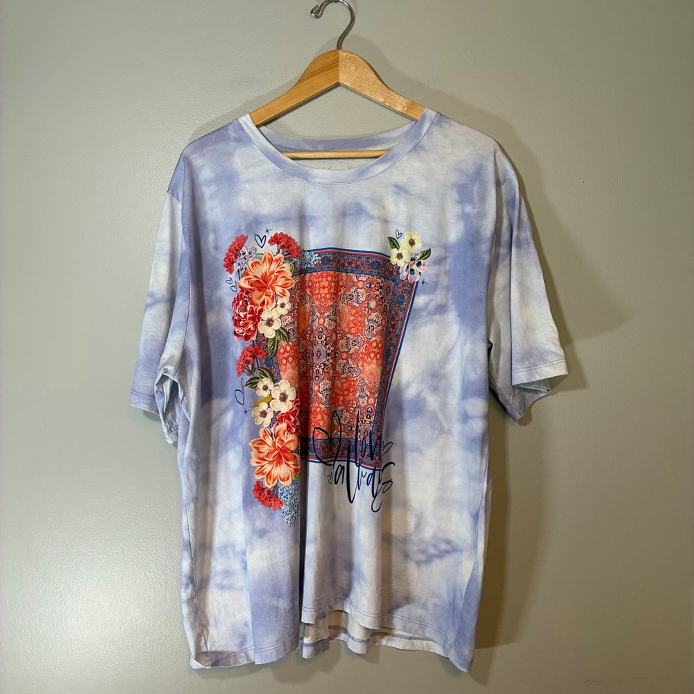 Johnny Was Lavender Tie Dye Floral Pima Cotton Graphic T-Shirt 3X L-10522-1X
